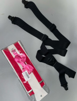 New size O/S men&rsquo;s suspenders. Black X-back. Hot pink Y-back with matching clip-on bow tie.