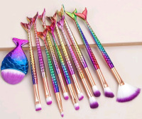 New 11pc Iridescent Metallic Mermaid Tail Makeup Brushes - Up to 7.25" Long