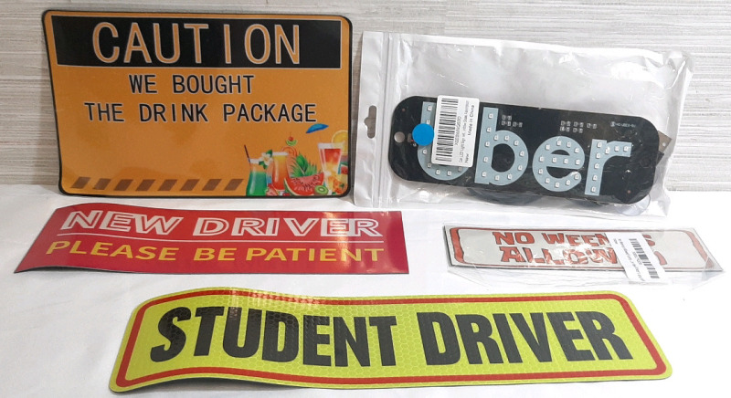 5 New Stick On Car Signs, Including Light-Up Uber USB Sign | Largest Sticker is 8&frac12;" Long, 5&frac12;" Wide