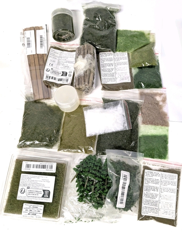 15 New Bags of Flocking / Static Grass Applicator Material, Tub of Assumed Glue, Sticks, Mini Planks & Mini Trees