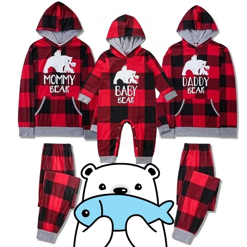 3 New Men's Lg, Women's Med & Baby's 13-28M PAJAMA VILLAGE Hooded Plaid Bear Family Pajama Sets | $120 Retail Value!
