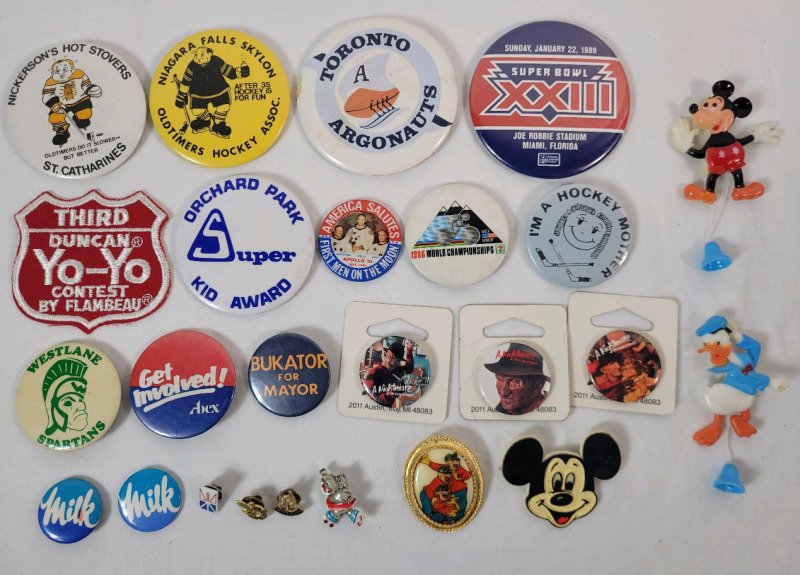 Vintage Button & Pin Lot . Disney , Football , Hockey , Elm Street
