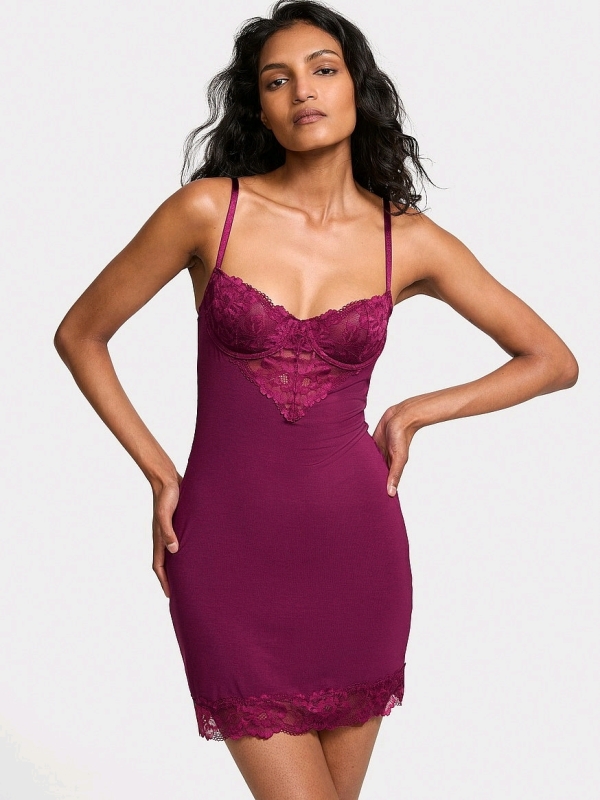 New Size Large Women's VICTORIA'S SECRET Modal & Lace Cupped Mini Slip Dress, Plum Rouge | Retails $72.95!