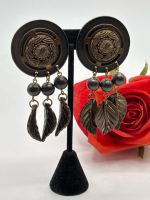 Vintage Bold Statement Drop Clip Earrings Intricate Cable Design round 1.5 in with 3 Drop Balls and Etched leaves dangles total approximately 3.5 inch Light for ears