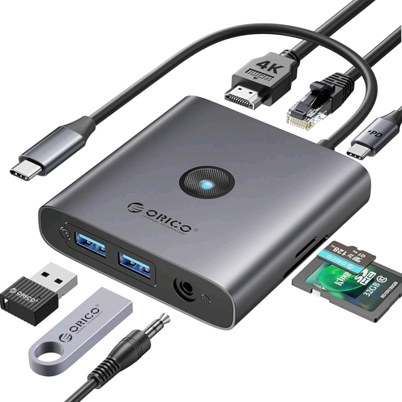 As-New in Box | ORICO Type-C Docking Station with 3 USB-A Ports, 4K HDMI, Gigabit Ethernet, and 100W PD Charging - Compact and High-Speed Adapter for MacBook Pro and Other Type C Devices - Model FAX3-8PM