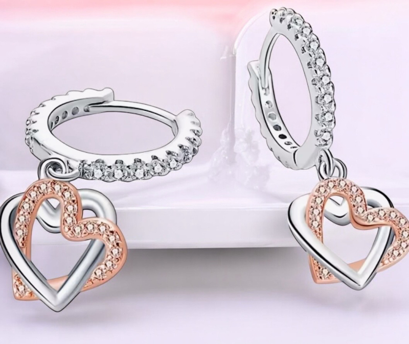925 Sterling Heart to Heart Double Heart Drop Earrings Hoops with drop approximately 1.1 inch Stamped