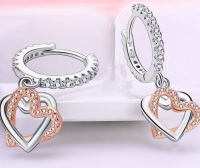 925 Sterling Heart to Heart Double Heart Drop Earrings Hoops with drop approximately 1.1 inch Stamped