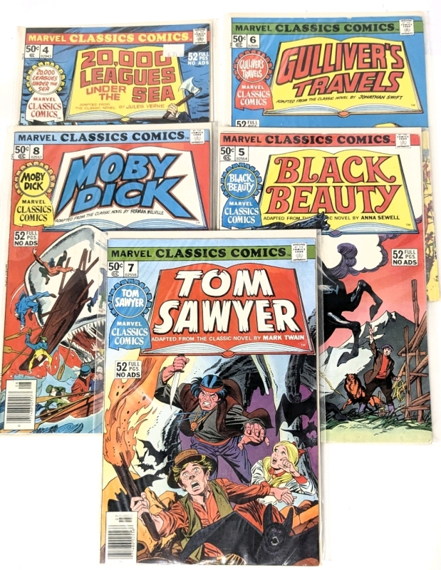 5 Vintage MARVEL Classic Comics #4,5,6,7,8 : 20,000 Leagues Under the Sea, Gulliver's Travels, Moby Dick, Black Beauty & Tom Sawyer - Bagged & Boarded (52 Pages Each. No Ads!)