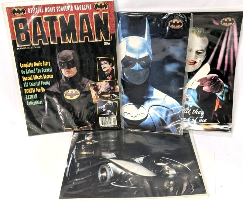 Vintage 1989 TOPPS BATMAN Official Movie Souvenir Magazine+ 3x Norman James Co Canada Oversized Trading Prints #K001, 002 & 007 (8" &times; 10")