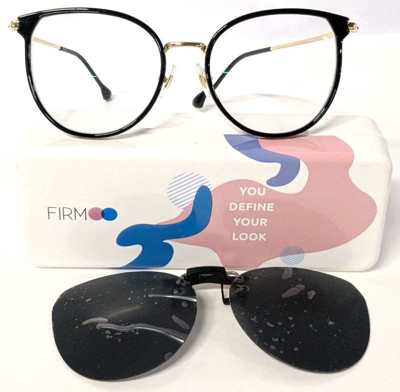 New FIRMOO Prescription Glasses With Clip-On Sunglasses & Hard Case S0165 54 18-148 C1