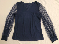 New - Size L Ladies Patchwork Plaid Mesh Lantern Sleeve Elegant Top .
