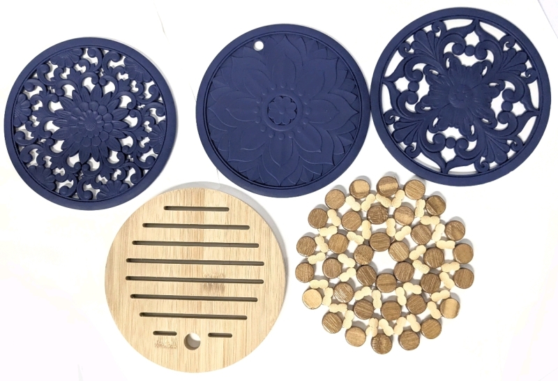 5 New Round Kitchen Trivets : 3 Silicone & 2 Wood / Bamboo - Up to 6.5" Diameter