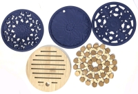 5 New Round Kitchen Trivets : 3 Silicone & 2 Wood / Bamboo - Up to 6.5" Diameter