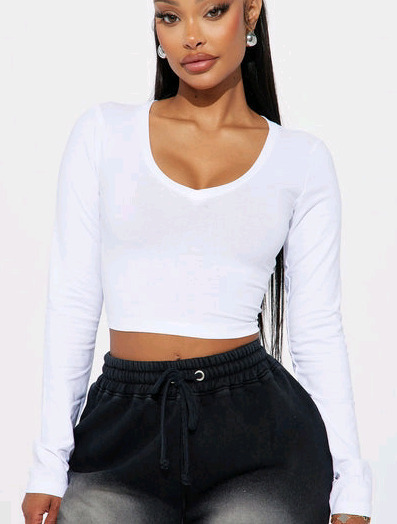 New - Size XS Ladies Fashion Nova Carly V Neck Crop Long Sleeve Tee - White . Stock photos used