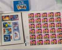 Stamps and Trading Card Lot. 1 Sheet of Elvis Stamps, 30+ USSR/Russian Stamps In Book & Elvis Playing Cards.
