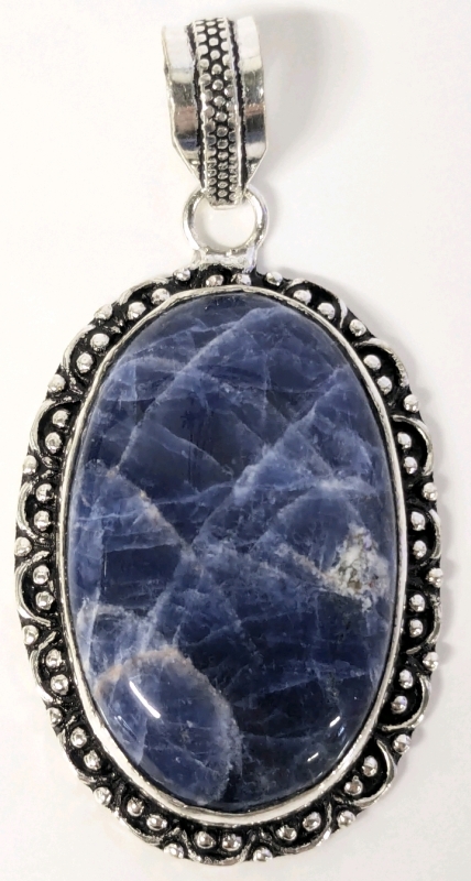 Gorgeous Large Polished Sodalite Cabochon Stamped 925 Sterling Silver Bezel Set Pendant Open Gallery Back - 1.15" &times; 1.75" Excluding Hoop