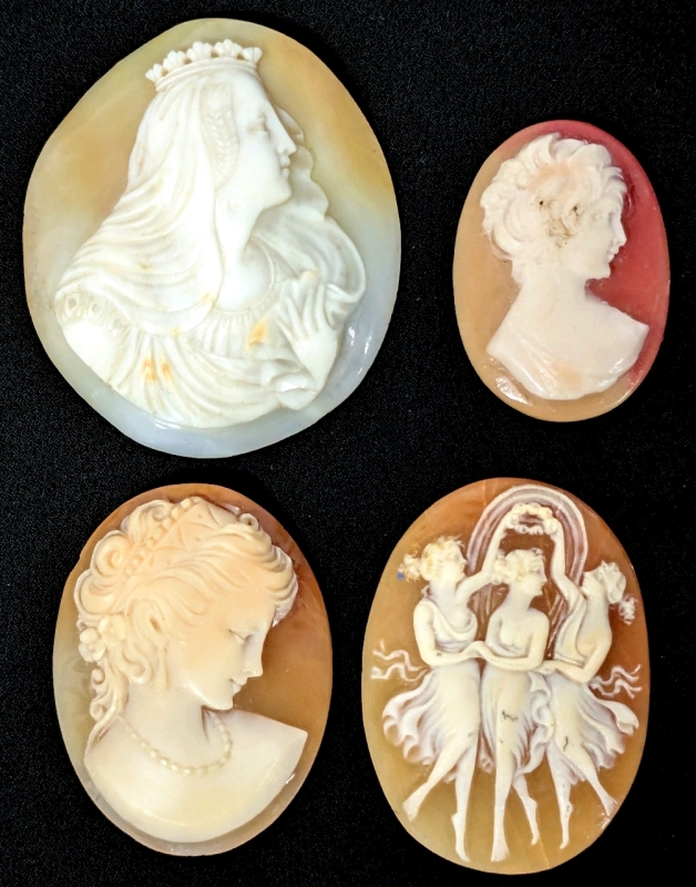 WOW!! 4 Exquisitely Carved Unmounted Shell Cameos : 3 Sisters, Possibly Queen Victoria / The Madonna, 2 Left-Facing Women, 1 With Earrings & Necklace - 1.15" - 1.75" Long