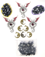 New Jewelry Charms / Pendants & Beads : 3 Large 3.15" Long Enamel Dragon Eye Charm Pendants, 5 Small Skull Moon Charm Pendants & 60 Small 11mm 8-Ball Pool Snooker Beads