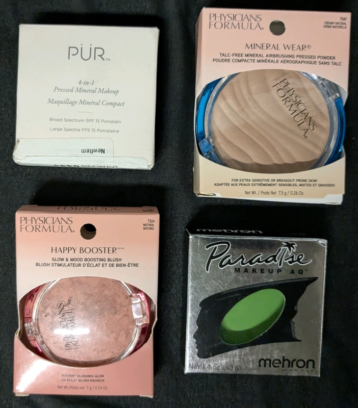[See Desc] 4 Pressed Mineral Powders, Water Activated, Makeup : Physicians Formula 7587 Creamy Natural & Happy Booster Blush 7324 Natural, Paradise Makeup Water Activated Face & Body Makeup Light Green 037A4, P&Uuml;R 4-in-1 Porcelain LP4,