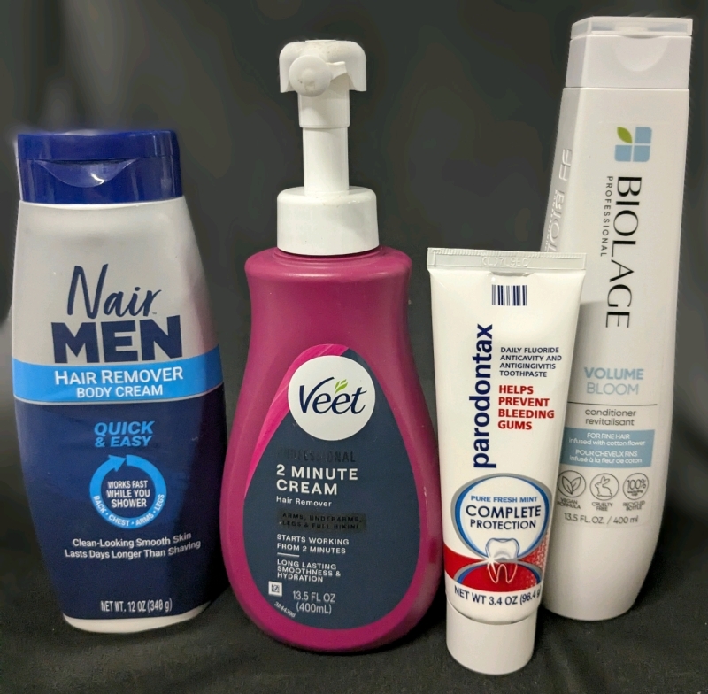 [See Desc] 4 Hair Care, Hair Removal & Toothpaste : NAIR Men Quick & Easy, VEET 2 Minute Cream, BIOLAGE Volume Bloom Conditioner & PARADONTAX Daily Fluoride Anticavity + Antigingivitis Toothpaste