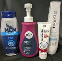 [See Desc] 4 Hair Care, Hair Removal & Toothpaste : NAIR Men Quick & Easy, VEET 2 Minute Cream, BIOLAGE Volume Bloom Conditioner & PARADONTAX Daily Fluoride Anticavity + Antigingivitis Toothpaste
