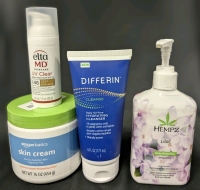 [See Desc] 4 Skin Care Products; ELTA MD 46SPF Broad Spectrum Tinted Face Sunscreen, Amazon Basics Skin Cream, Differing Cleanse Oil-Free Hydrating Cleanser, Limited Edition Hempz Lilac Body Moisturizer