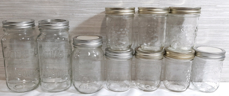 Lot of 10 Mason Jars | Includes Jars From Atlas Mason, Bernardin & Unmarked Makers | Tallest One is 7" Tall, Smallest One is 4" Tall