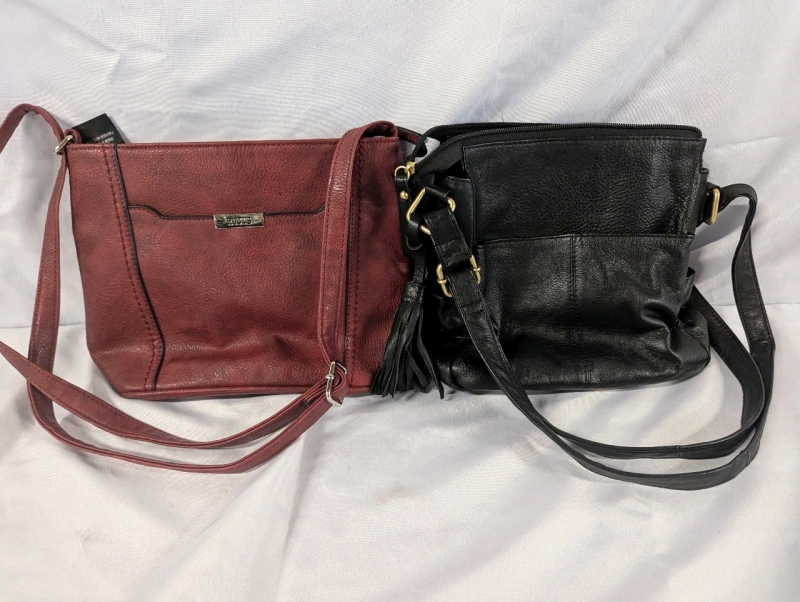2 Purses. Black Purse: Great American Leather Works, 100% Leather Exterior. 9" Tall. Roots Purse: Leather Like, 8" Tall.