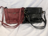 2 Purses. Black Purse: Great American Leather Works, 100% Leather Exterior. 9" Tall. Roots Purse: Leather Like, 8" Tall.