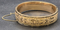 Vintage 1/20 BB 12KT Gold Filled Hinged Bangle Bracelet with Safety Chain 2.5" Long & 2.25" Wide
