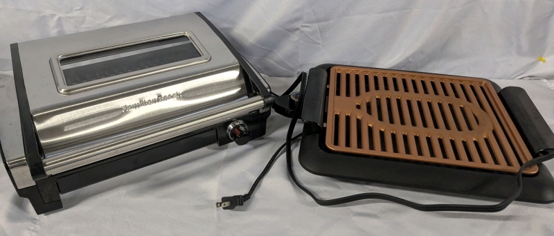 Hamilton Beach Indoor Searing Grill & Gotham Steel Indoor Electric Grill. Hamilton Beech Measures 16" Across.