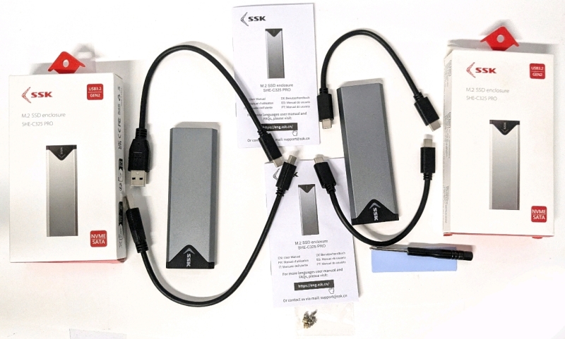 2&times; SSK M.2 NVME SATA SSD Enclosure Adaptors, USB 3.2 Gen 2 (10 Gbps) to NVME PCI-E SATA M-Key/(B+M) Key Solid State Drive Aluminum External Enclosures Support UASP Trim for SSDs 2242/2260/2280