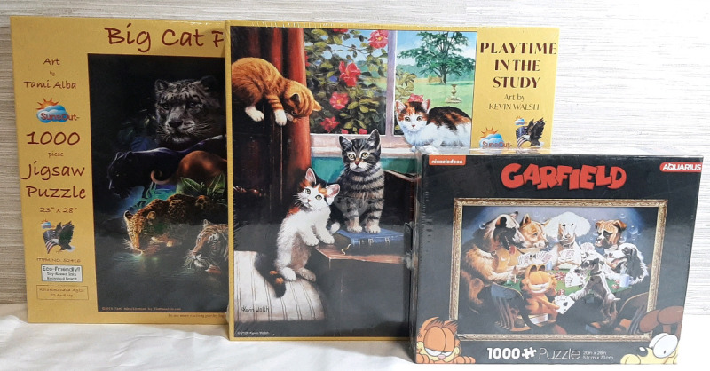3 New Cat Themed 1000+Pc Jigsaw Puzzles | Includes Big Cat Prowess, Playtime in The Study & Garfield Puzzles