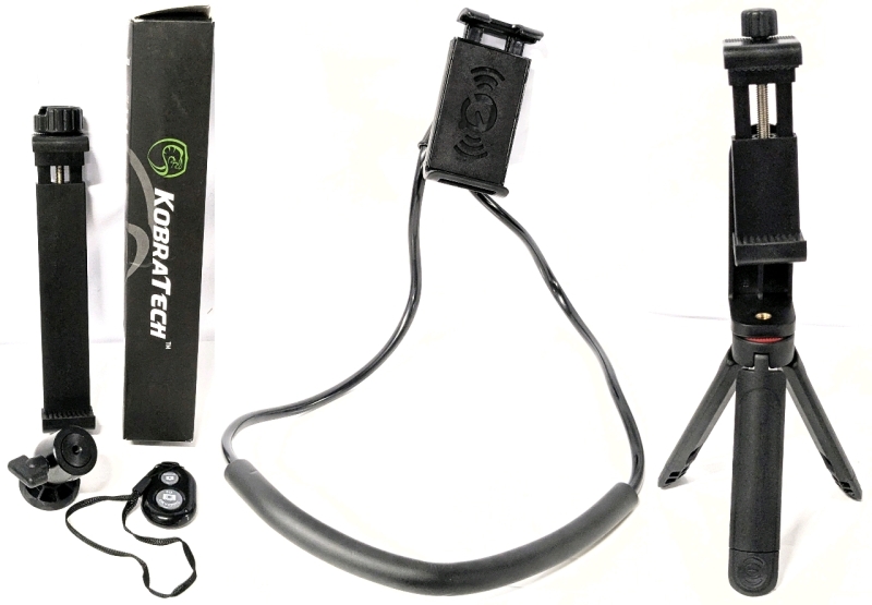 As-New Cellphone & KobraTech Tablet Mount with Remote Control & Ball Mount + 5" Tall URIG TP-05 Tripod + Around-the-Neck Phone Holder