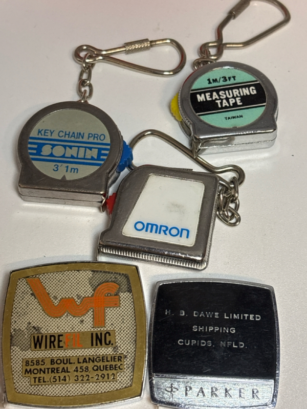 5 Vintage Pocket Advertising Tape Measures Sizes 1.75 to 3 inch with Hanger