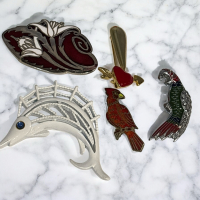 5 Spectacular Vintage Enamel Unique Brooches Two with Stones see description for sizes