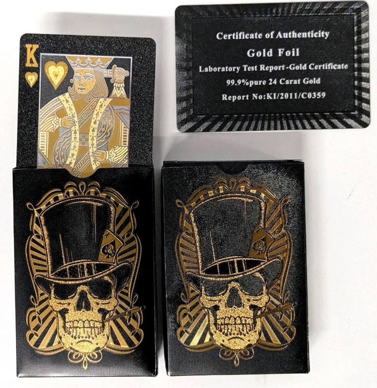 2 New Gold Foil Waterproof Plastic Playing Card Decks with Gambling Skull Motif & with Certificate of Authenticity