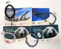 4 New FAHLO Conservation Animal-Themed Semi-Precious Stone Expansion Bracelets - Track an Endangered Animal! Penguin, Blue Whale & 2 Polar Bears | Note: 1 Postcard Torn, Tracking Code Still Visible