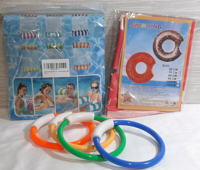 Lot of Pool Rafts And Toys | Includes Net Pool Float, Donut Swim Ring & 4 Plastic Rings