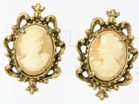 Signed Vintage FLORENZA Real Carved Shell Cameo Clip-On Earrings - 1.2" Long Each
