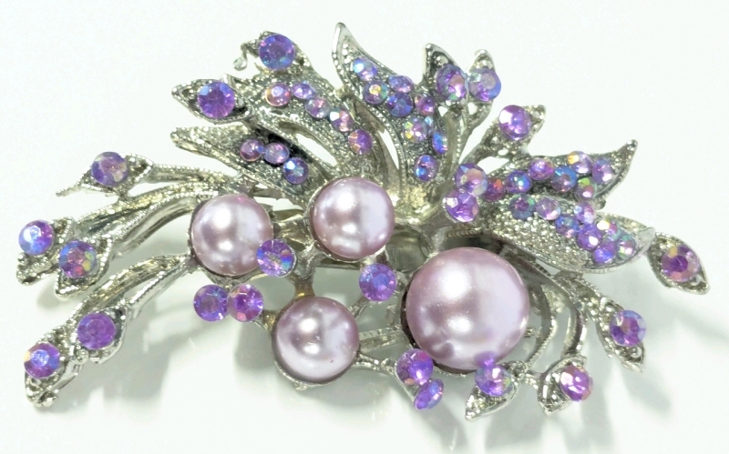 Striking Unusual Vintage Lavender Faux Pearls & Rhinestone Floral Spray Brooch - 2.5" Long