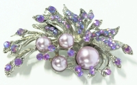Striking Unusual Vintage Lavender Faux Pearls & Rhinestone Floral Spray Brooch - 2.5" Long