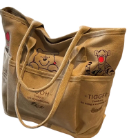 Disney Winnie the Pooh Canvas Style Tote Bag Multi-Pocket Large Capacity Shoulder Bag with Zipper Closure Retro Design Sturdy Handles Approximately 13.5 x 11.8 inch