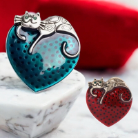 Two Fabulous Enamel Cat Brooches Lazy Lounging on Hearts One Red One Blue Approximately 1.4 inch