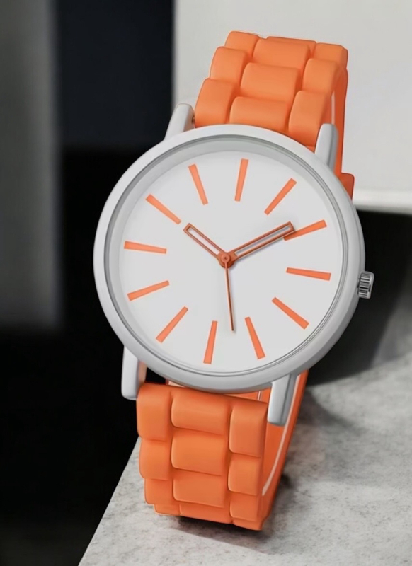 New Bold Large Orange Round Quartz Wrist Watch Silicone Band Illuminated Stick Numbers