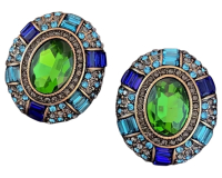 Stunning Vintage Designed Gemstone Rhinestone Green Blue French Earrings pierced post back Approximately 1.2 inch