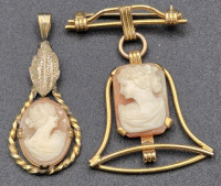 Vintage Amco Gold Filled Carved Shell Cameo Bell Brooch & Carved Shell Cameo Pendant