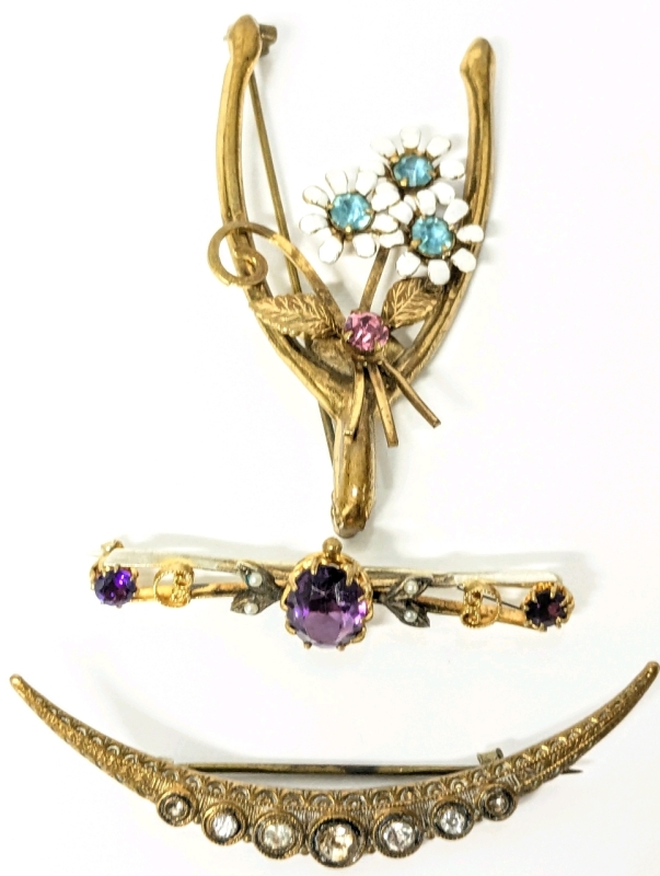 3 Vintage Brooches : Large Wishbone Flower Bouquet Enamel & Rhinestone (2.3" Long), Bejeweled Half-Moon (2.25" Long) Missing Middle Stone & Faceted Purple Stone, Faux Micro-Pearls & Filigree Tie Pin (1.8")