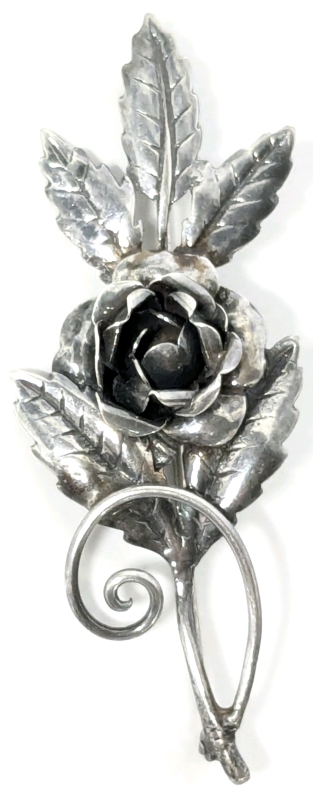 Gorgeous Vintage Sterling Silver Wrapped Rose & Leaves Brooch - 2.75" Long