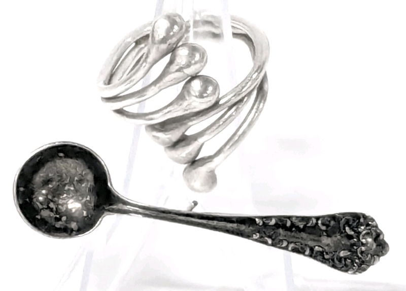 Tiny Vintage Sterling Silver Spoon Brooch (2.1" Long) & Stamped Wraparound Ring (Adjustable Size)
